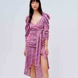 For Love & Lemons Sm Charlie Midi Dress Blossom Pink Puff Sleeve Floral Cocktail